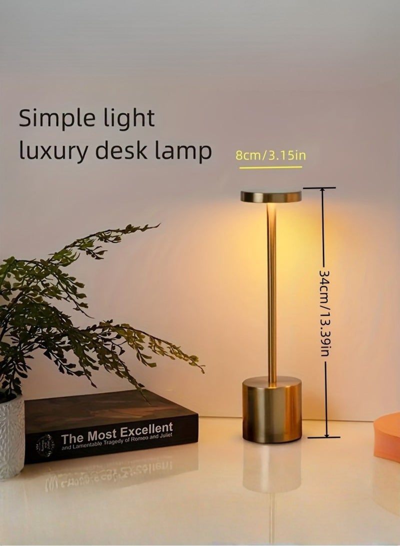 مودي مصباح مكتب LED (ذهبي) - تحكم باللمس، 3 أوضاع ألوان (دافئ، أبيض، طبيعي) - مصباح طاولة من الألومنيوم قابل لإعادة الشحن عبر USB بقوة 3 وات لغرفة النوم والمكتب وغرفة الطعام - مصباح معدني عصري بسيط - Image 1